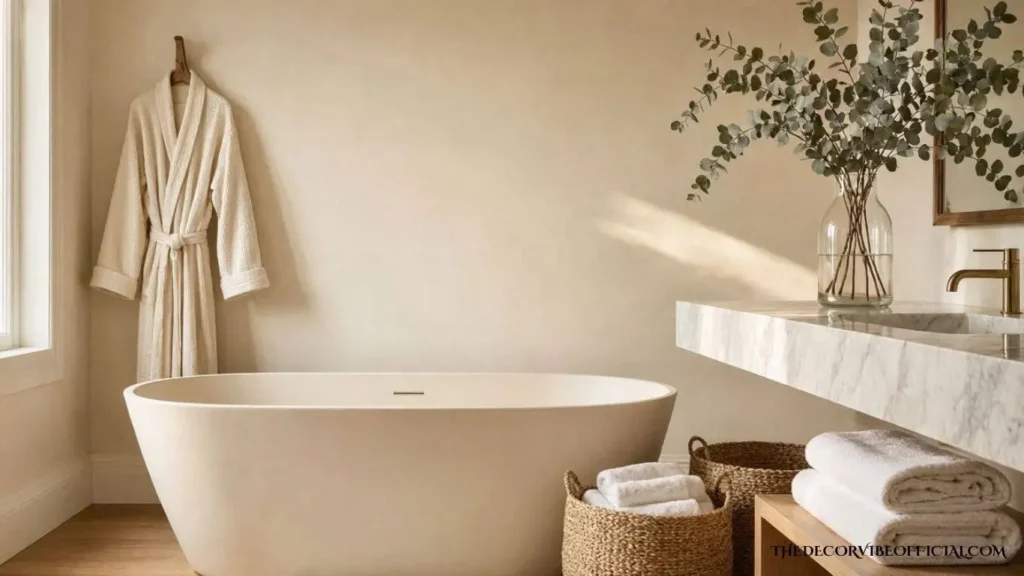 Luxury spa bathroom with fluffy towels, woven baskets, and calming neutral decor.