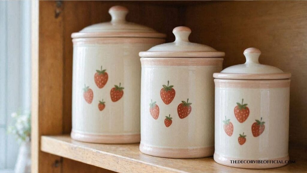 Strawberry kitchen decor with graduated ceramic canisters