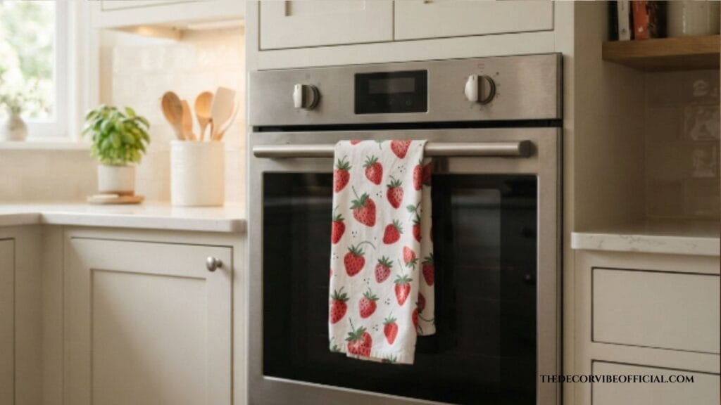 Strawberry kitchen decor with a printed dish towel