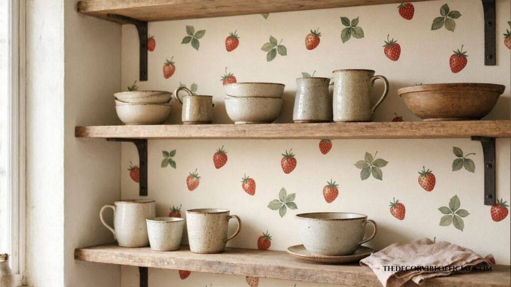 Strawberry kitchen decor with a wallpapered shelf backing