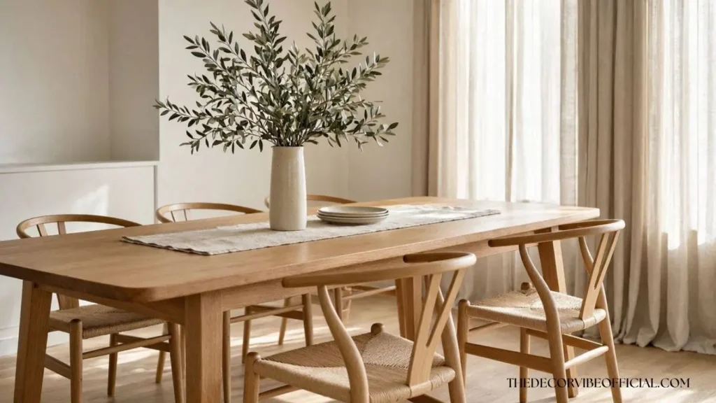 Minimal Scandinavian dining room with natural oak furniture and soft neutral decor.