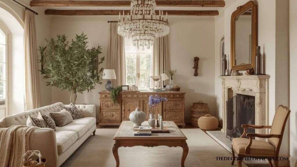 French country living room featuring antique furniture, linen sofa, stone fireplace, and timeless European styling.