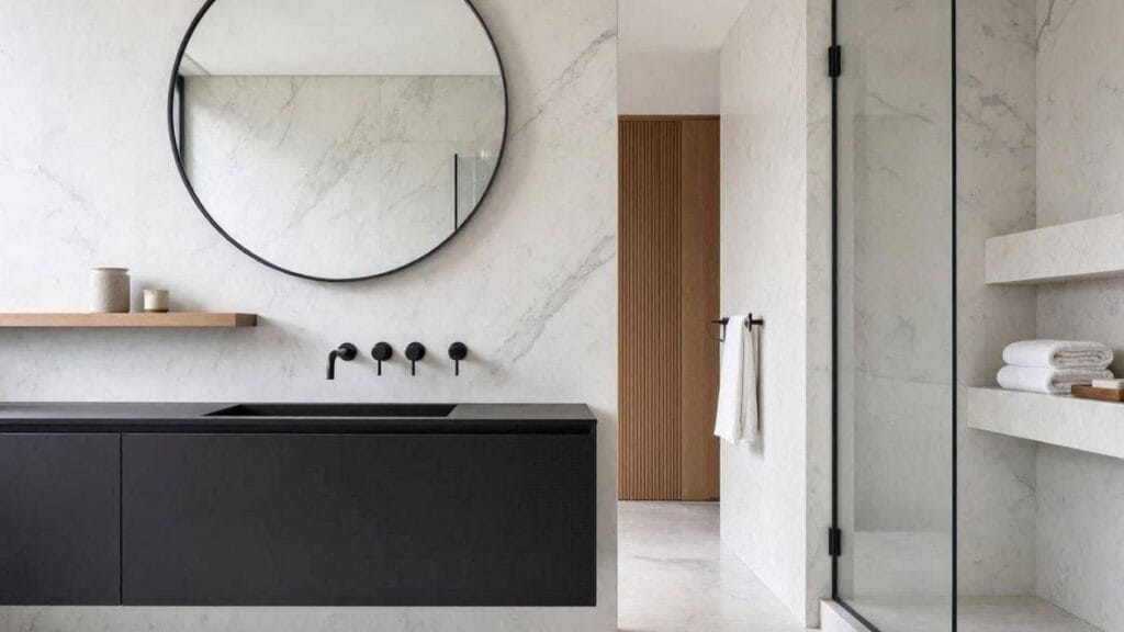 Timeless black and white bathroom featuring marble walls, matte black fixtures, and modern luxury styling.