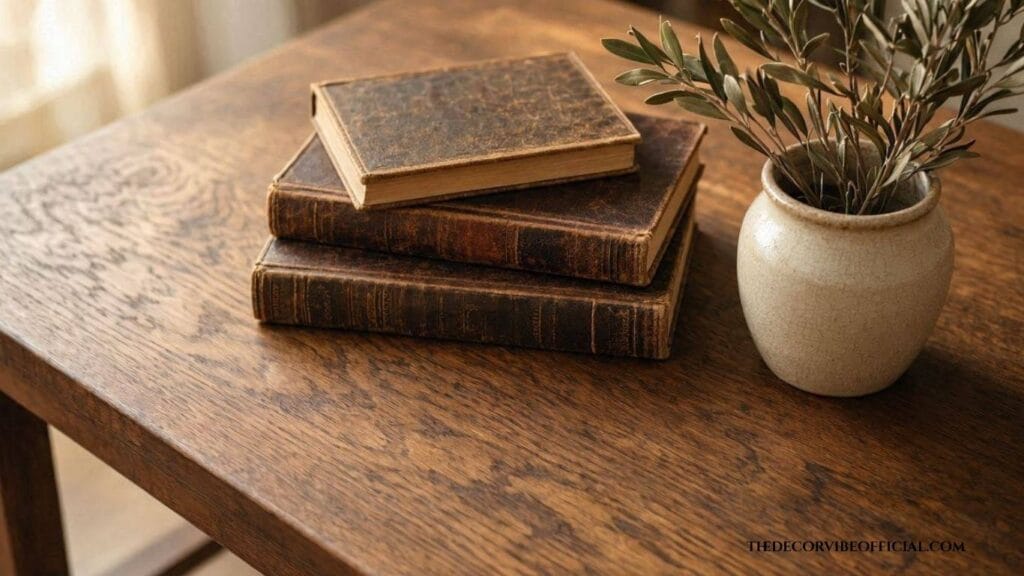 Rustic wood coffee table styled with olive branches and ceramic urn