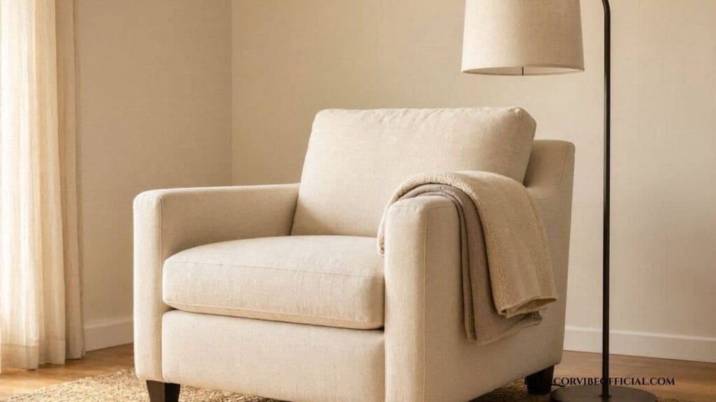 Wrought iron floor lamp and linen armchair in Tuscan living room