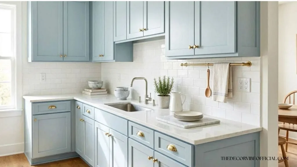 Light blue kitchen cabinets ideas in a small powder blue galley kitchen