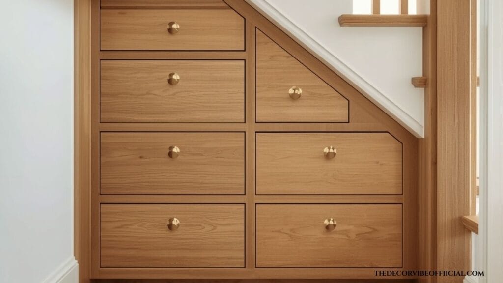 Under stairs corner decor ideas with custom-built drawers