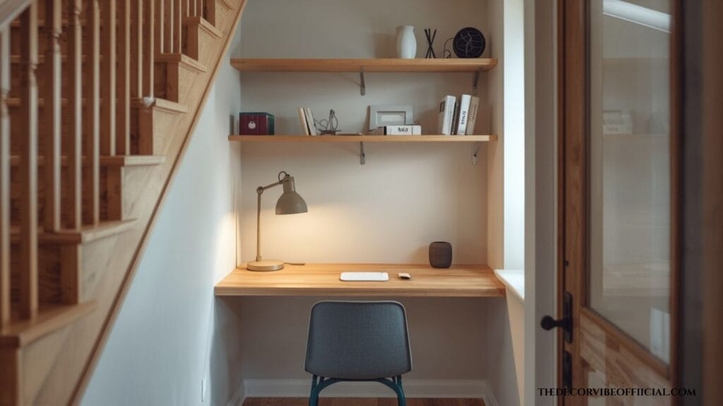 Under stairs corner decor ideas with a compact home office