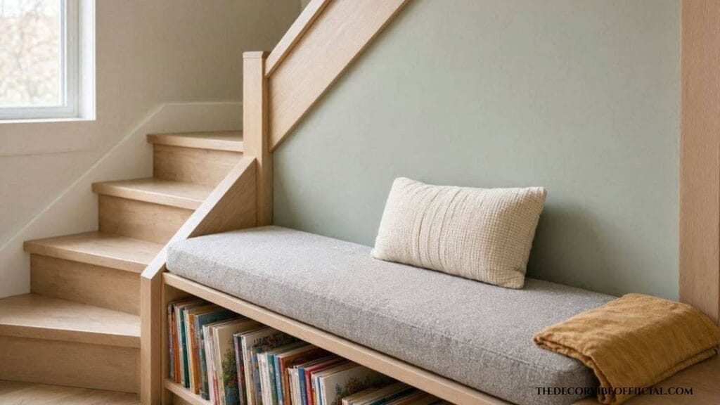 Under stairs corner decor ideas with a kids reading nook