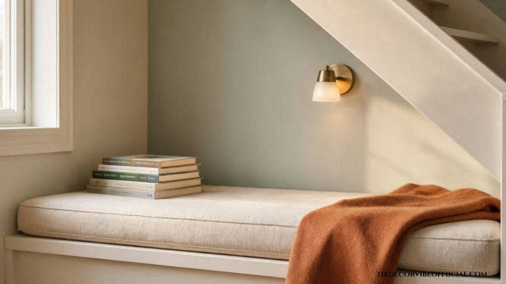 Under stairs corner decor ideas with a built-in reading bench