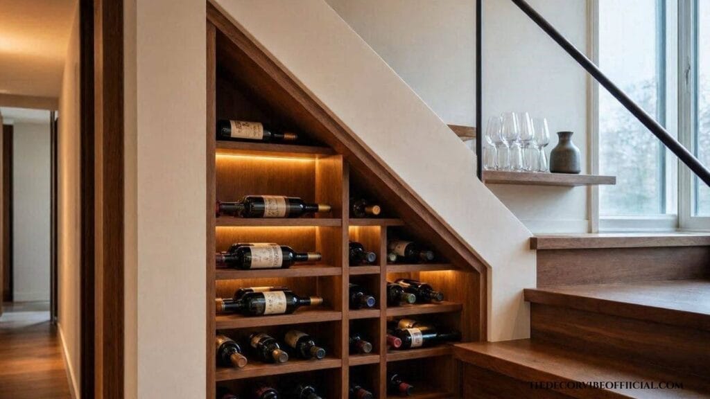 Under stairs corner decor ideas with a built-in wine rack