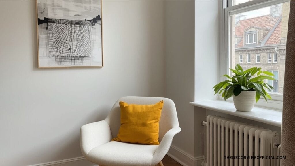 Affordable luxury home decor ideas with cream armchair mustard cushion abstract art and fern plant