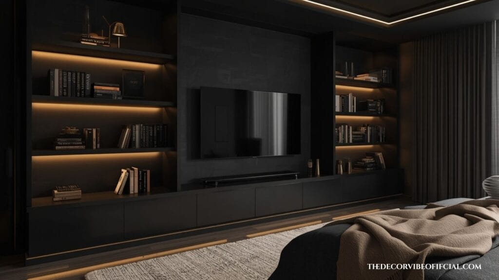 Dark and moody bedroom ideas featuring a black built-in TV wall with warm lighting
