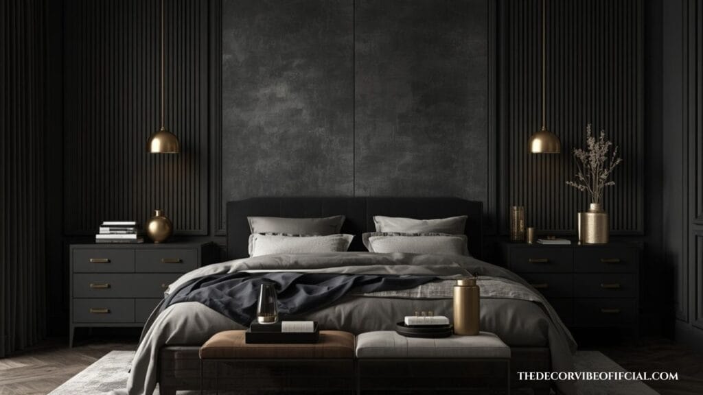 Dark and moody bedroom with brushed brass lighting and warm bronze accents.
