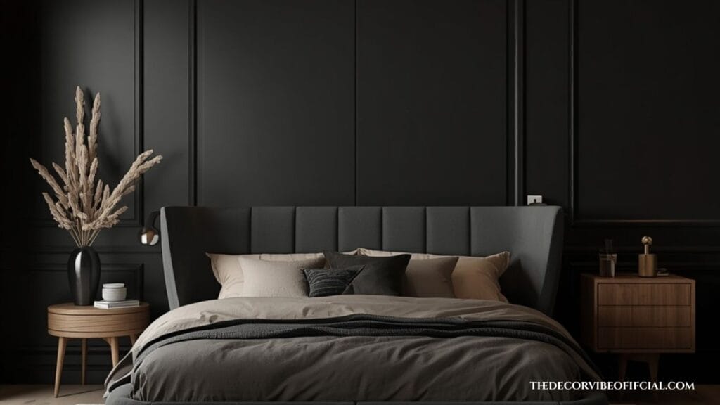 Dark and moody bedroom with curved furniture and warm lighting.