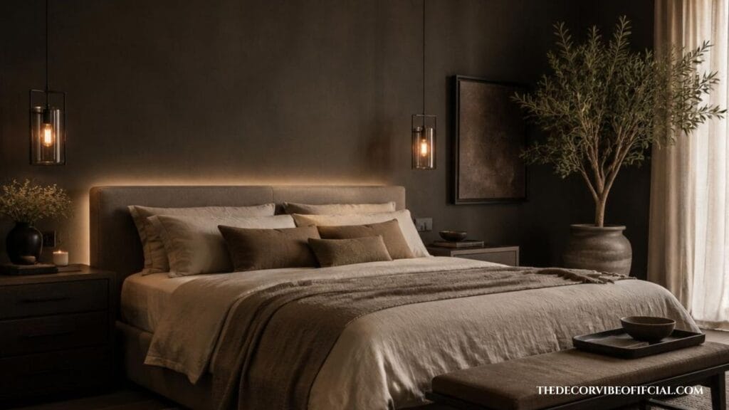 Dark and moody luxury bedroom with charcoal walls, layered neutral bedding, warm ambient lighting, and boutique hotel-inspired decor.
