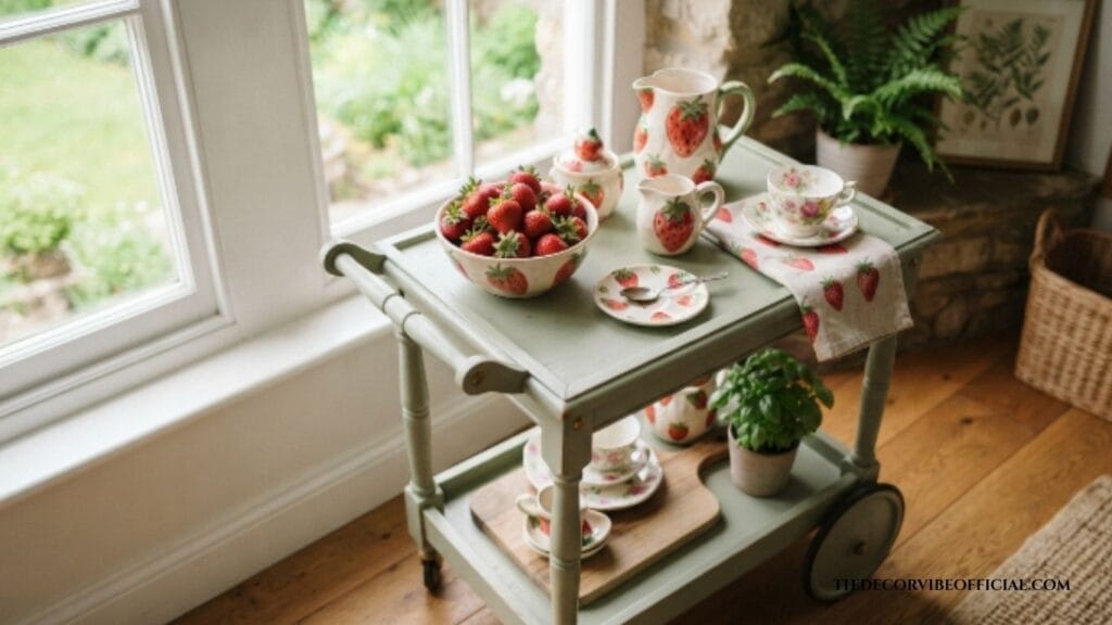 Strawberry kitchen decor with a painted vintage cart