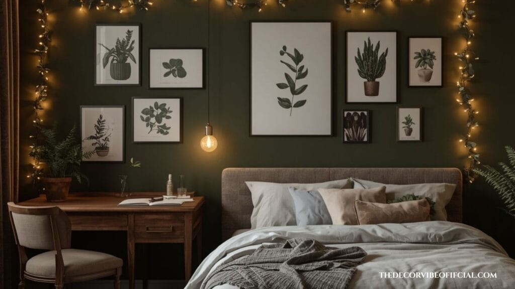 Dark and moody bedroom ideas featuring olive green walls, botanical artwork, and warm fairy lights.