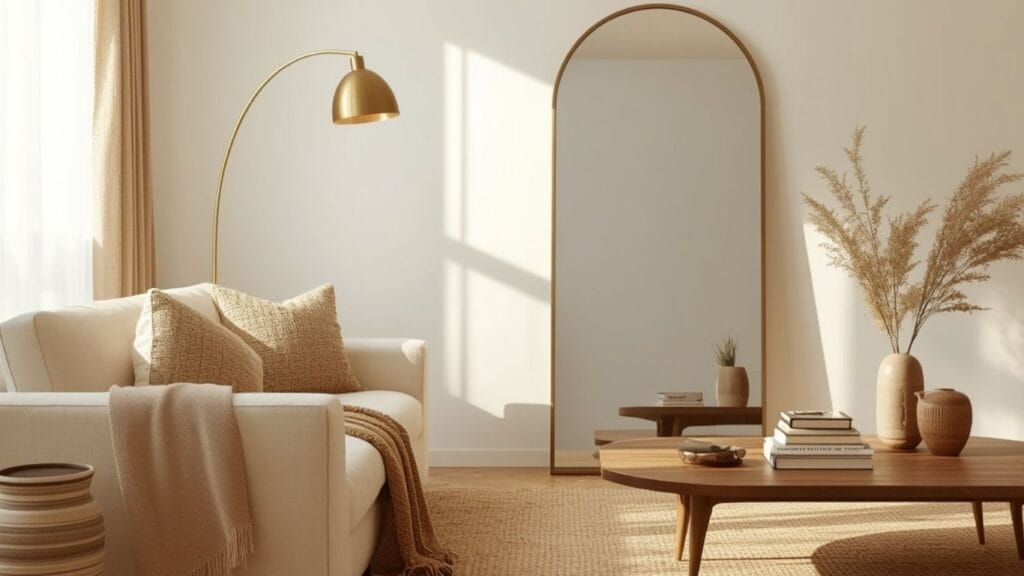 Warm styled living room with budget decorating ideas including linen sofa, layered rugs, and brass floor lamp