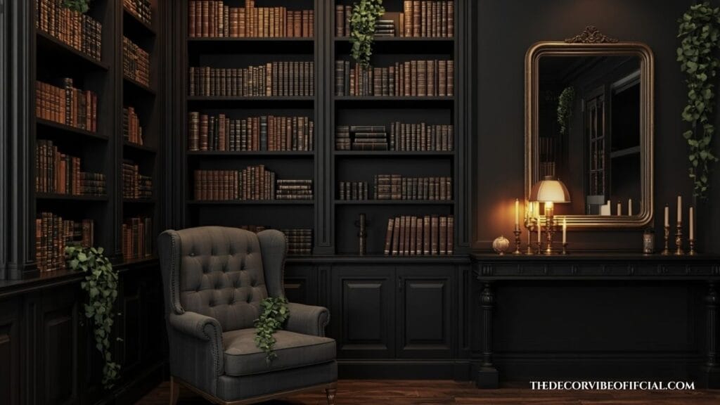 Dark and moody bedroom reading corner with vintage bookshelves, candles, and cozy lighting.