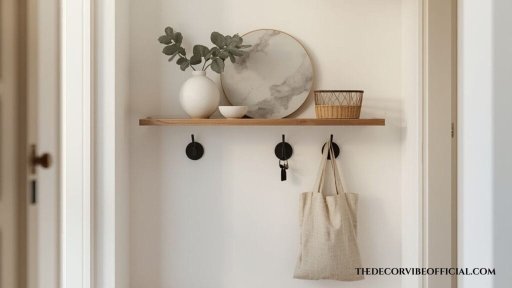 Small entryway floating oak shelf with marble tray, ceramic vase, and matte black wall hooks