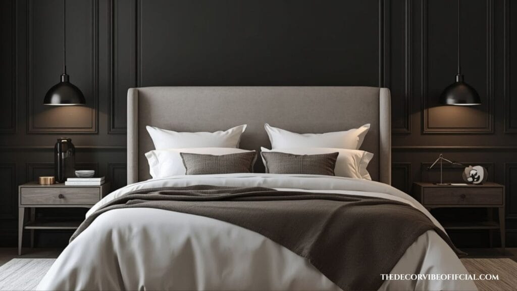 Dark and moody bedroom with a minimalist hotel-inspired bed and warm lighting.