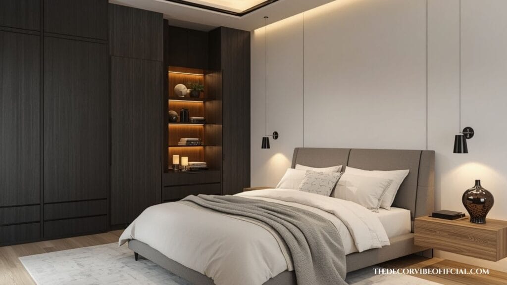 Dark and moody bedroom combining black wood furniture with natural oak accents.