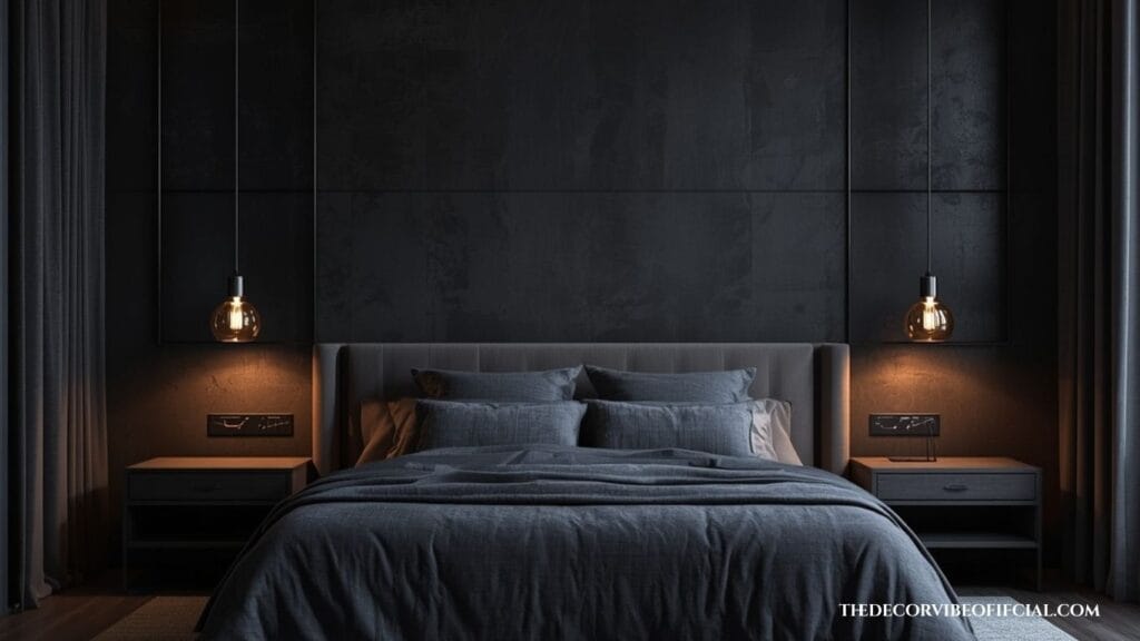 Dark and moody bedroom featuring warm glass pendant lights and luxury styling.