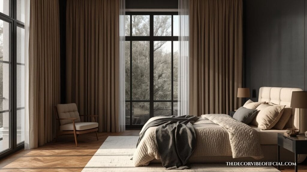 Dark and moody bedroom with floor-to-ceiling linen curtains and warm natural lighting.