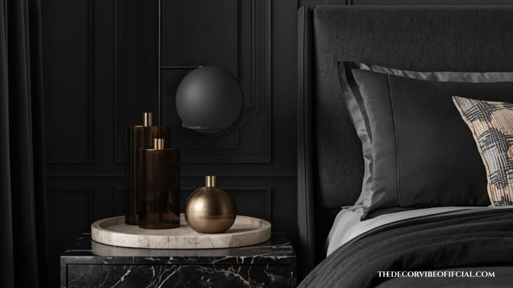 Dark and moody bedroom with black marble bedside table and luxury stone decor.