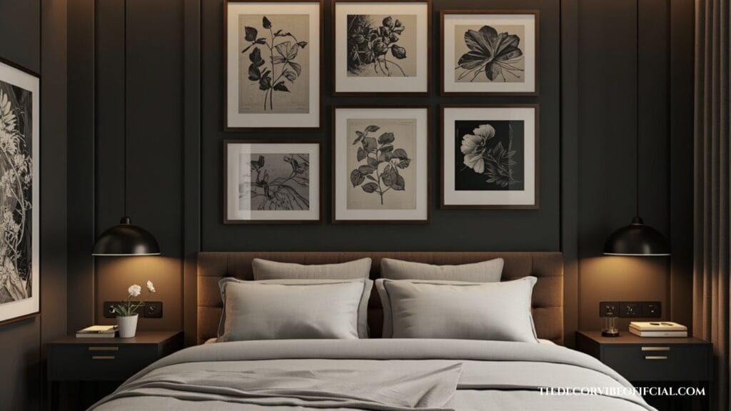 Dark and moody bedroom with a curated gallery wall and elegant artwork.