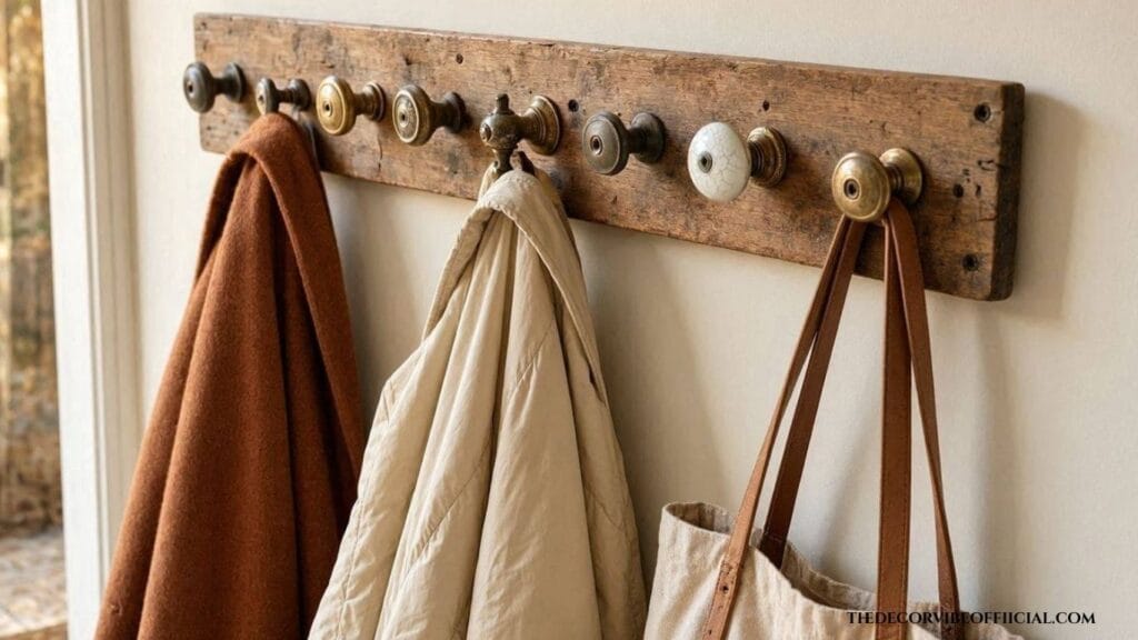 Upcycled home decor ideas with vintage doorknob coat hooks