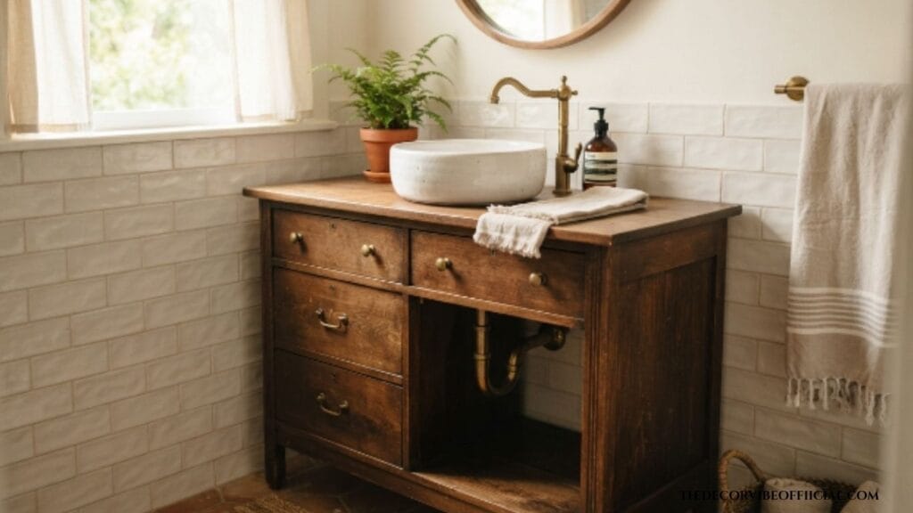 Upcycled home decor ideas with a dresser converted into a bathroom vanity