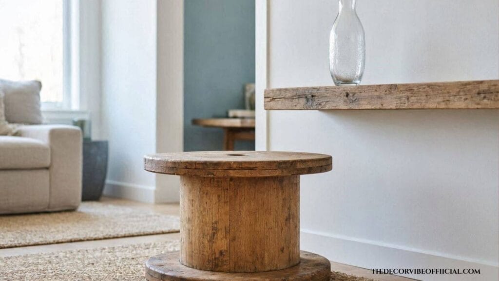Upcycled home decor ideas with a wooden spool side table and floating shelf
