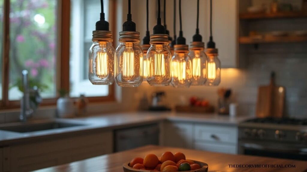 Upcycled home decor ideas with mason jar pendant lights over a kitchen island