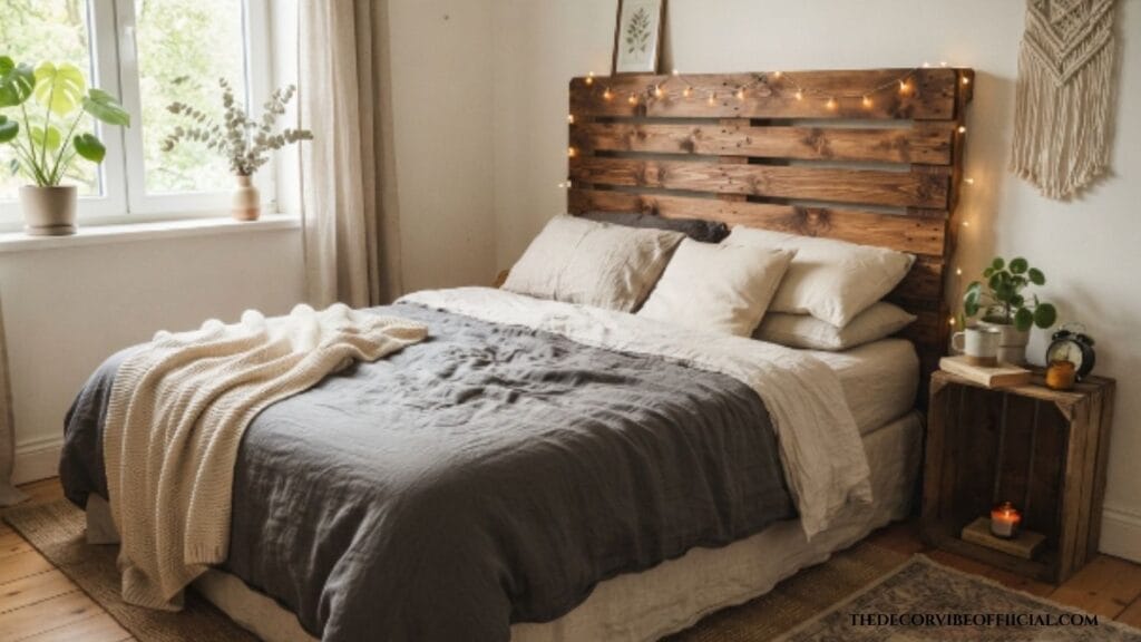 Upcycled home decor ideas with a sanded pallet wood headboard