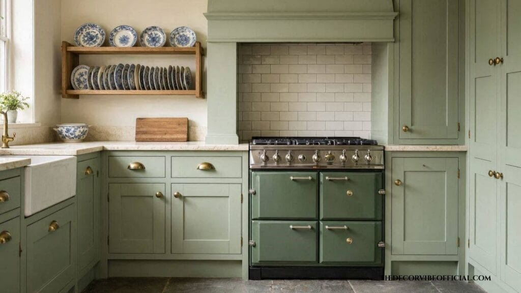 English kitchen ideas with sage green cabinets and brass hardware