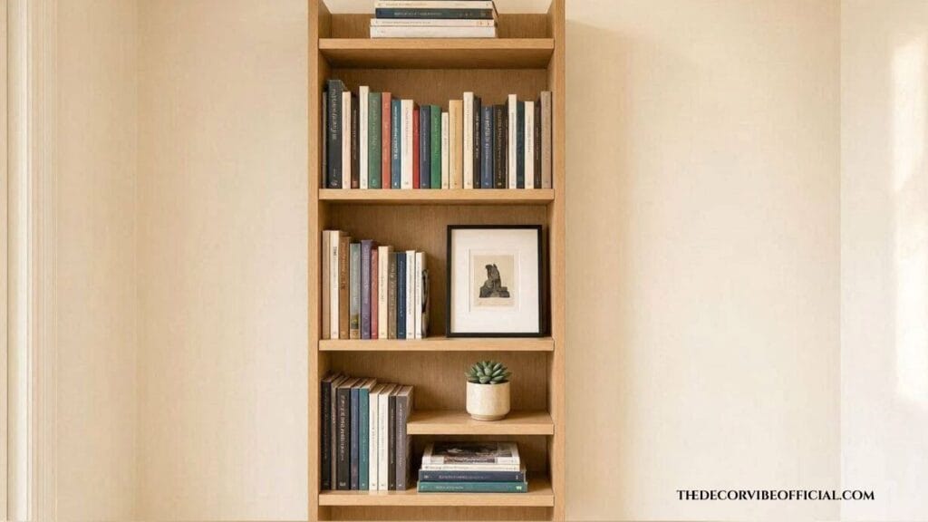 Small space home office wall decor idea with vertical shelving
