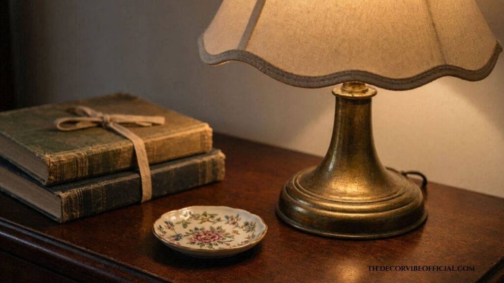 Vintage aesthetic nightstand decor with brass lamp and trinket dish