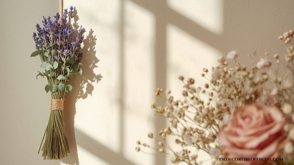 Vintage wall collage ideas with dried lavender and rose bundles