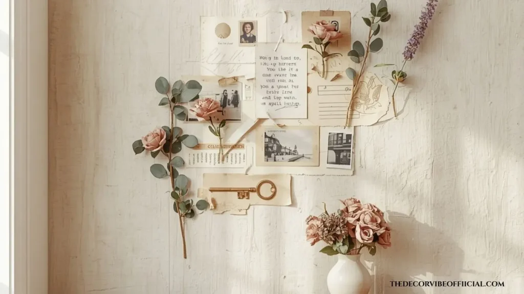 Vintage wall collage ideas with dried flowers, postcards, and polaroids
