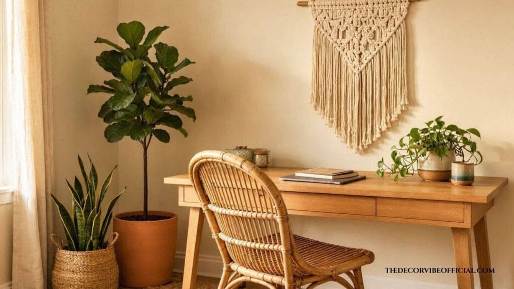 Boho home office decor idea with rattan chair and macrame wall hanging