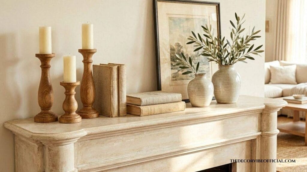 Luxury fireplace mantel styled with warm wooden decor, books, and neutral ceramic accessories.