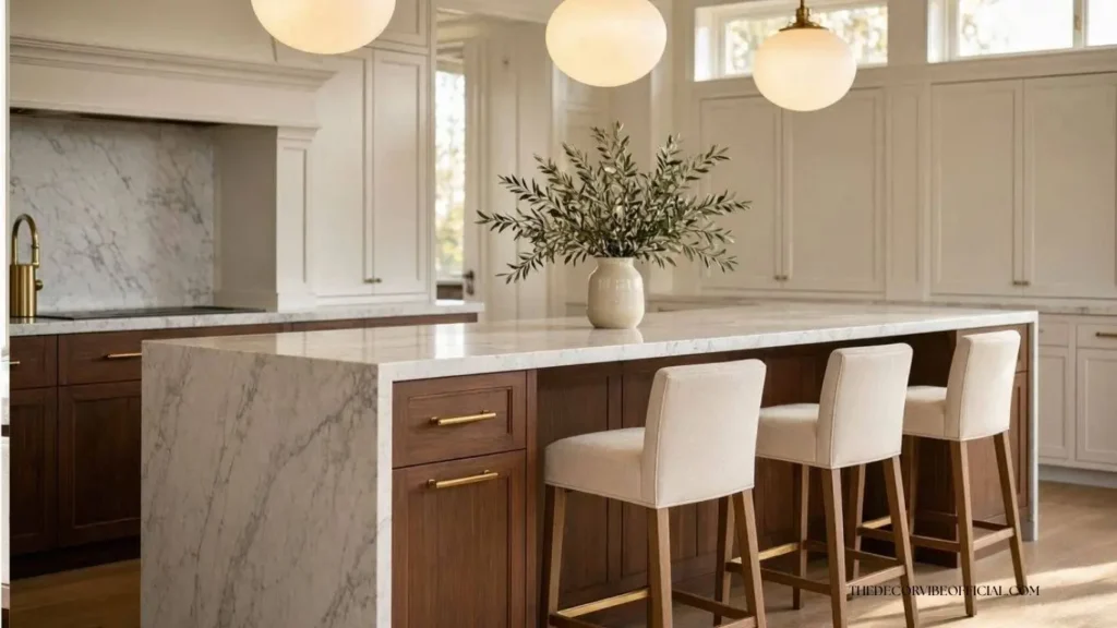 Luxury walnut kitchen island with white marble countertop and brass lighting.