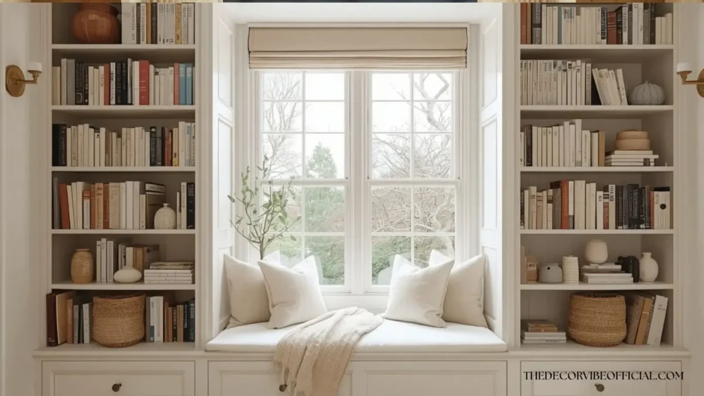 Luxury bay window reading nook with a custom bench, linen cushions, and warm natural sunlight.