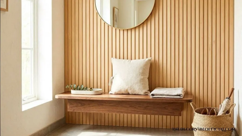 Natural pine wood slat wall behind a floating bench in a home entryway
