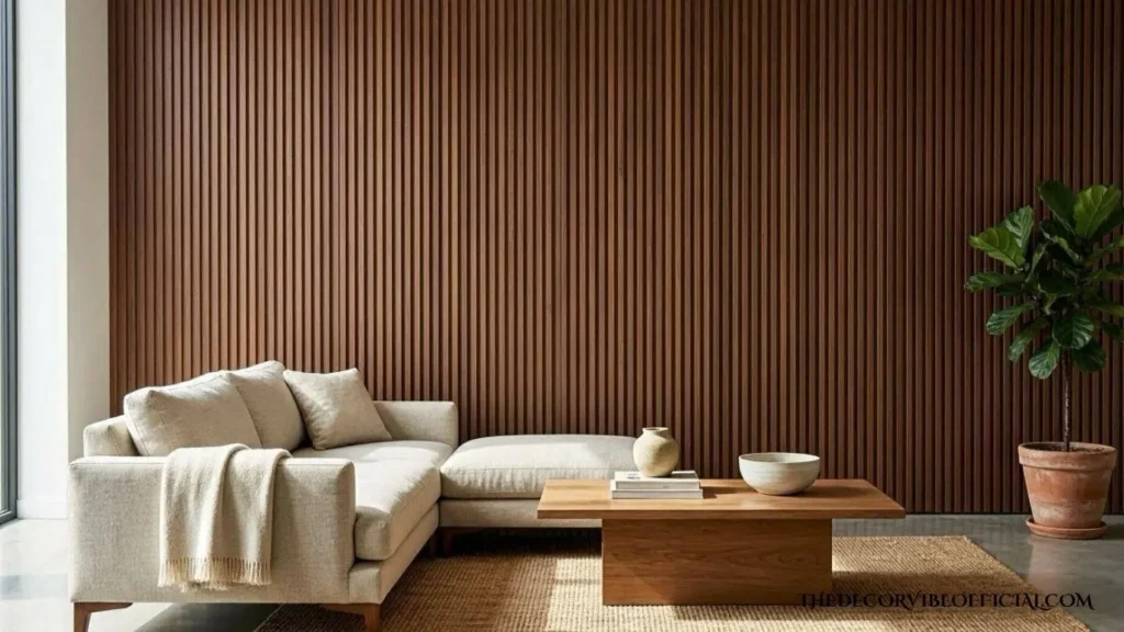 Wood slat accent wall ideas for a modern living room with walnut slats