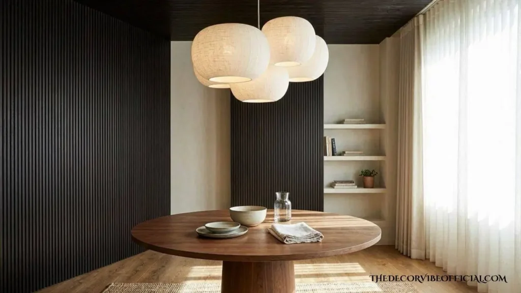 Espresso wood slat wall extending onto the ceiling in a dining room
wood slat accent wall