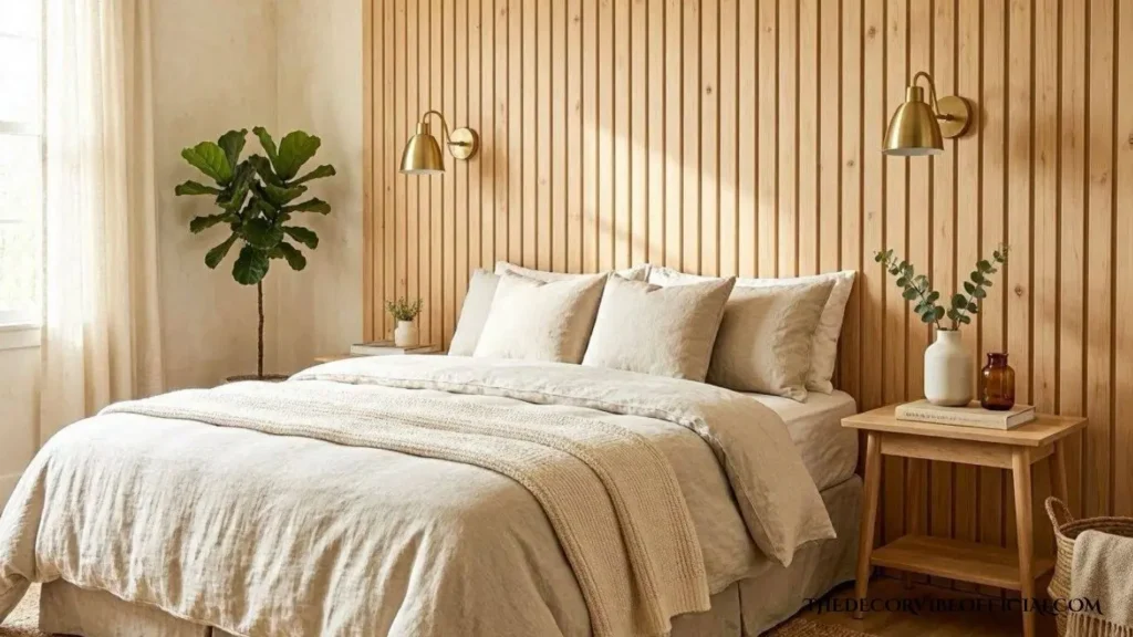 Pine wood slat accent wall used as a built-in bedroom headboard
wood slat accent wall