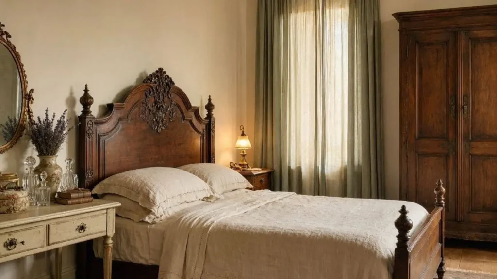  Antique bedroom decor ideas with carved wooden bed frame vintage armoire linen curtains and dressing table